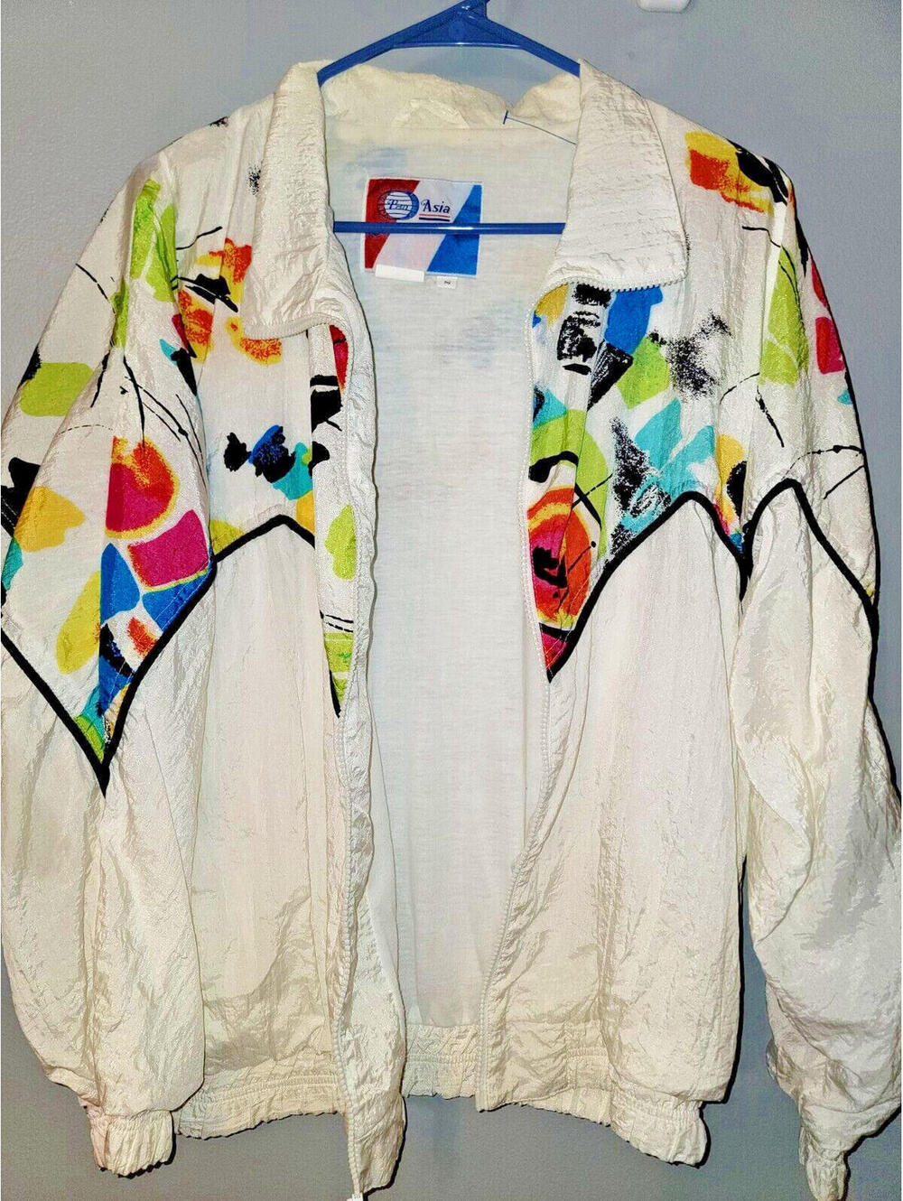 VTG 70s 80s Pan Asia Hip Full Art Retro White Windbreaker Fullzip Jacket S Small - Picture 2 of 14
